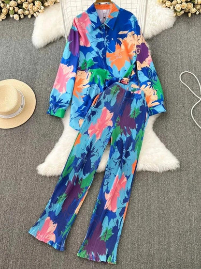 Spring Women Sleepwear Casual Loose Tie-dyed Trousers Suit Long Sleeve Shirts Blouses Wide Leg Pant Female Pajamas 2 Pieces - Shello's Creative Boutique