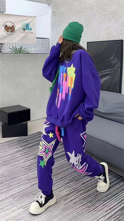 Hoodie women's long and fashionable cartoon graffiti print loose casual round neck autumn outfit set - Shello's Creative Boutique