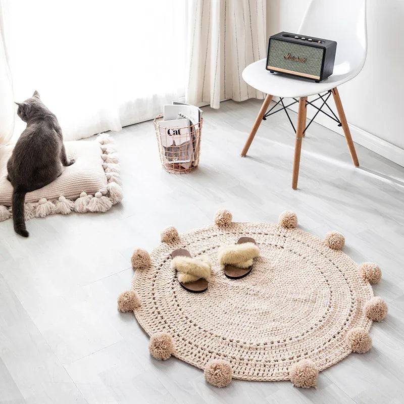 Handmade Woolen Ball Carpet – Round Floor Mat for Bedroom & Living Room - Shello's Creative Boutique