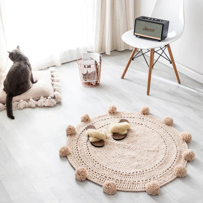 Handmade Woolen Ball Carpet – Round Floor Mat for Bedroom & Living Room - Shello's Creative Boutique