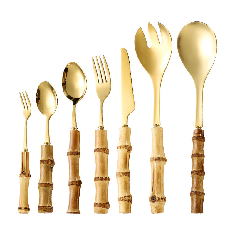Natural Bamboo Handle Stainless Steel Tableware, Dessert Salad Spoon Fork, Bamboo Joint Handle, Western Food Steak Knife eprolo