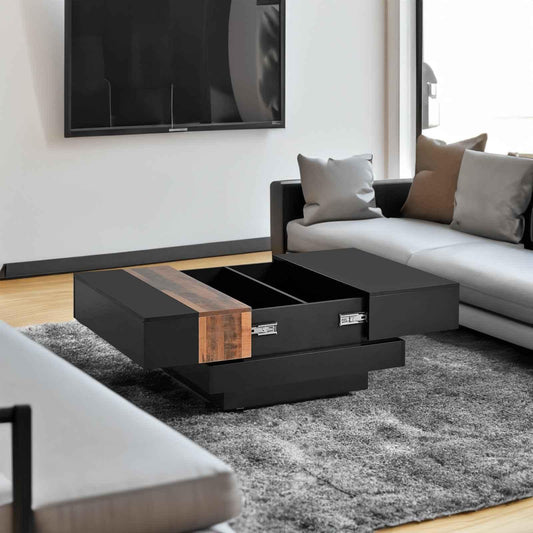 Modern High Gloss Coffee Table - 80cm Square with Sliding Top & Hidden Storage (Black) - Shello's Creative Boutique