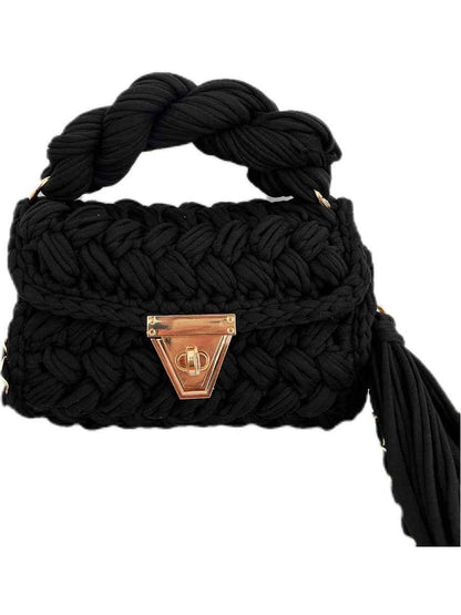 Women Crochet Shoulder Bag - Hand Woven Crochet Tassel Bag with Fried Dough Twists - Shello's Creative Boutique