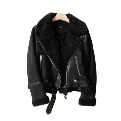 Winter Women Faux Shearling Sheepskin Leather Fur Jackets Lady Thick Warm Suede Lambs Wool Short Motorcycle Brown Coats - Shello's Creative Boutique