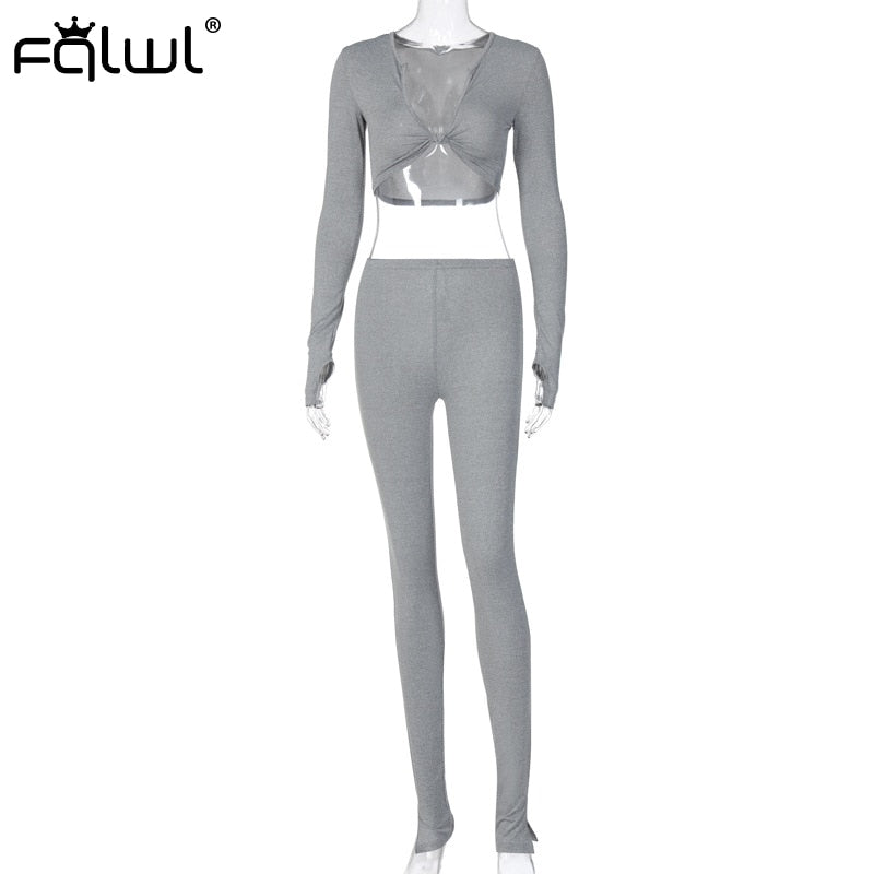 FQLWL Casual Summer 2 Two Piece Set Women Pink Outfit Long Sleeve Crop Top Leggings Women Joggers Matching Sets Ladies Tracksuit eprolo