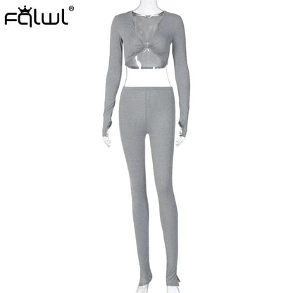FQLWL Casual Summer Two Piece Set - Pink Long Sleeve Crop Top and Leggings - Shello's Creative Boutique