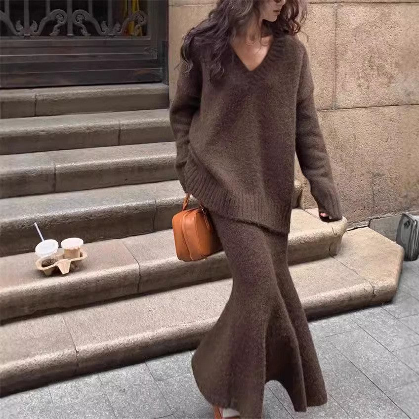 Korean Lazy Sweater Set Skirt Women's Autumn/Winter V-neck Knitted Top Fish Tail Half Skirt Fashion Two piece Set eprolo