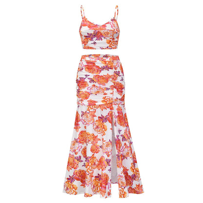 Plus Size Printed Two-Piece Dress with Slit - Pleated Sling Dress Set - Shello's Creative Boutique
