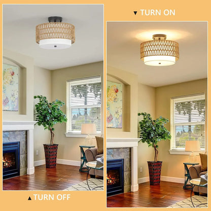 3-Light Semi Flush Mount Ceiling Light Fixture, Boho Rattan Light Fixtures Ceiling, Farmhouse Drum Light with Fabric Shade - Shello's Creative Boutique