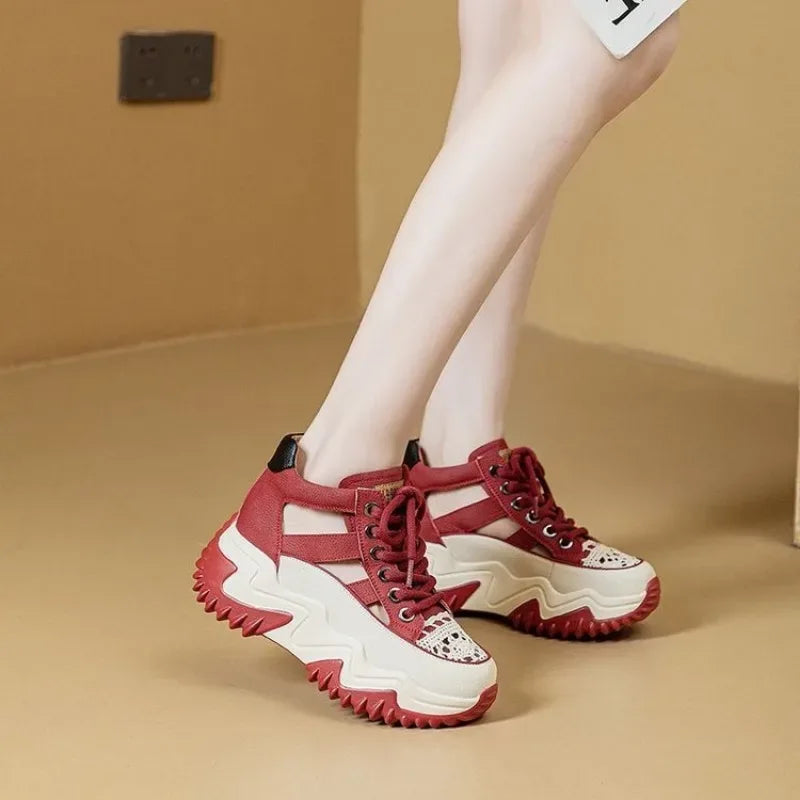 Thick Bottom Height Increase Shoes Female Summer New Lace-up Fashion Sneakers Hollow Out Breathable Sports Womens Shoes - Shello's Creative Boutique