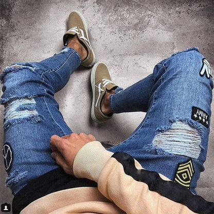 Men's Ripped jeans Badge Letters Hip-hop Skinny Jogging Denim Fashion Pencil Long Trousers Distressed Jeans For Men Clothing - Shello's Creative Boutique