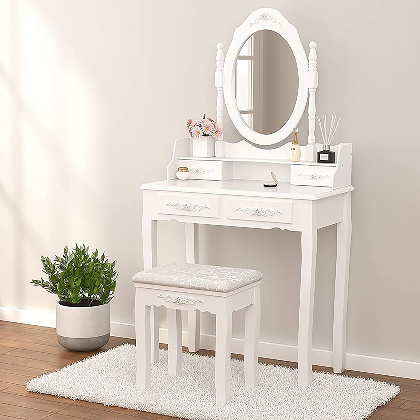 Vanity Table Set with 4 Drawer, Makeup Dressing Table w/Cushioned Stool, Girls Women Bedroom Furniture Set Oval Mirror eprolo