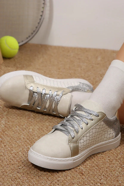 Silver Glitter Star Sneakers - PU Leather Patchwork Trainers - Shello's Creative Boutique