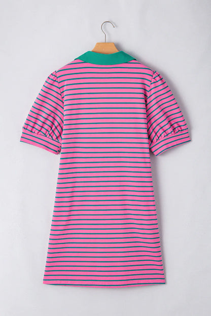 Rose Stripe Collared Puff Sleeve Dress - Playful, Chic, and Perfect for Any Occasion! - Shello's Creative Boutique