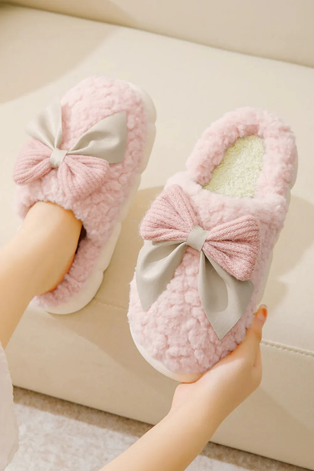 White Contrast Bowknot Applique Plush Winter Slippers - Shello's Creative Boutique