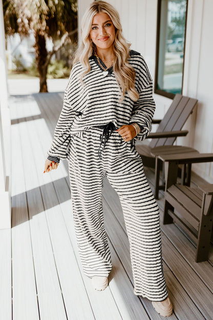 White Stripe Collared Pullover & Drawstring Pants Set - Two Piece Outfit
