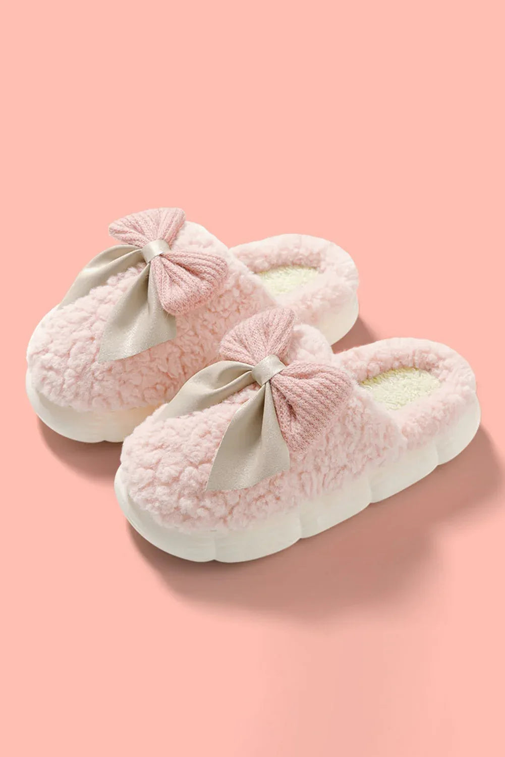 White Contrast Bowknot Applique Plush Winter Slippers - Shello's Creative Boutique