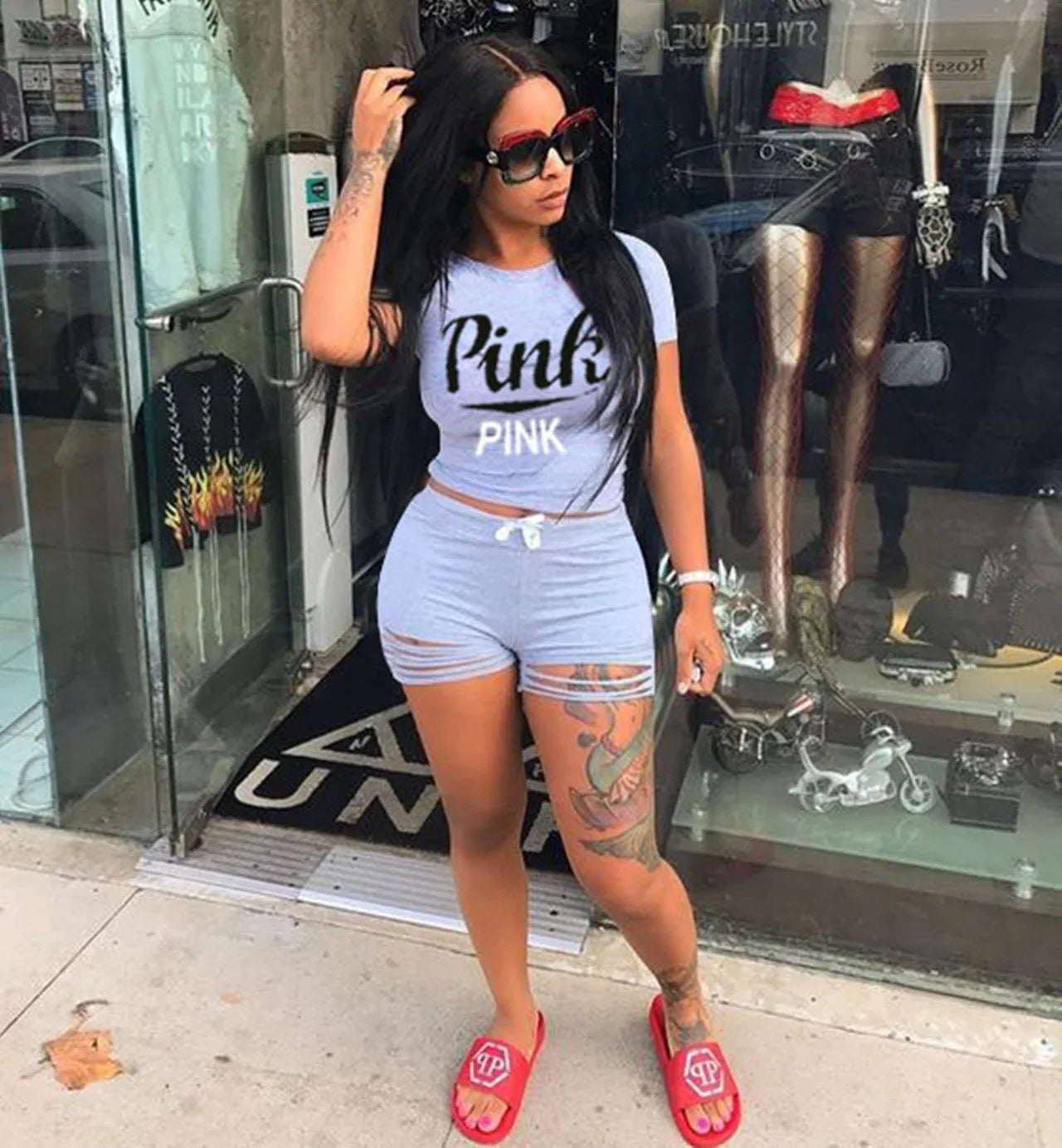 Pink Letter Print 2 Piece Set Tracksuit Women Top And Hollow Pants Casual Outfit Sweatshirts Two Pcs Sportwear 3XL Dropship - Shello's Creative Boutique
