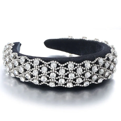 Fashionable full set rhinestone wide edge solid color sponge head hoop - Shello's Creative Boutique