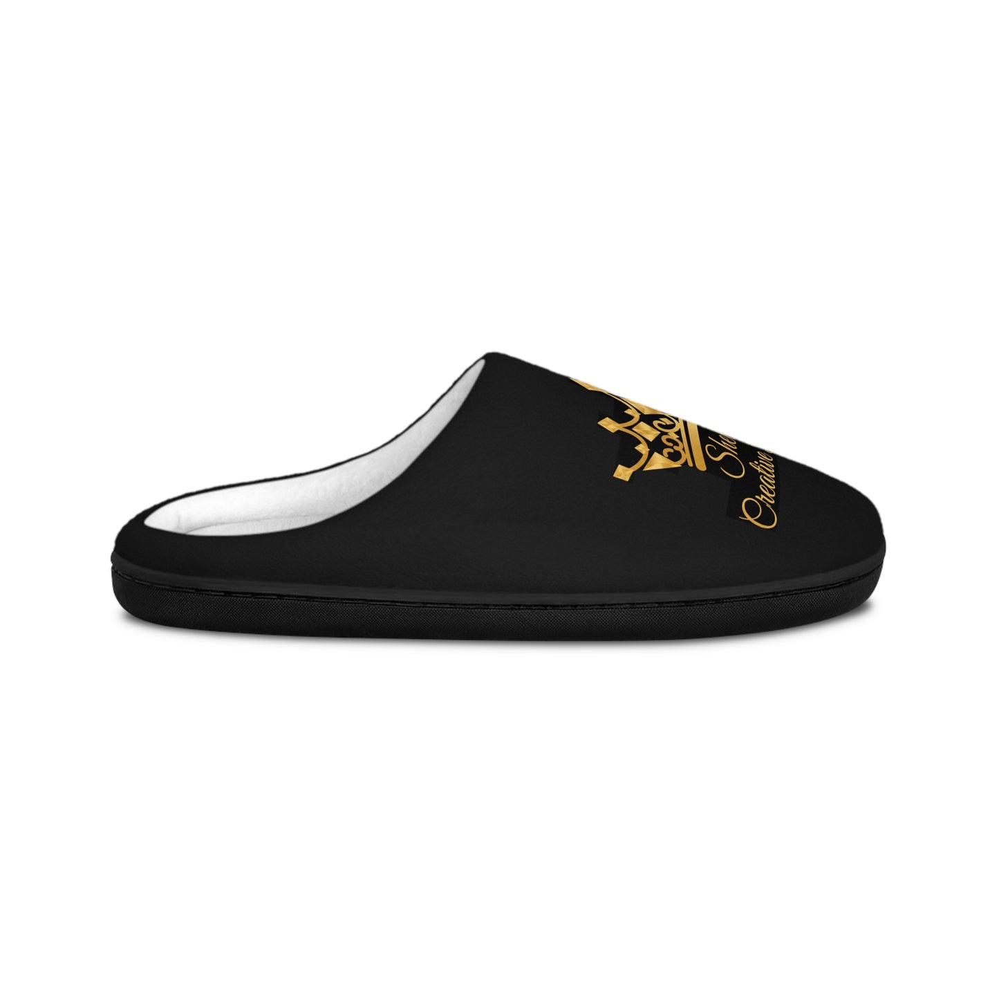 Queen's Slippers — Women's Black Indoor Slippers with Gold Crown Design