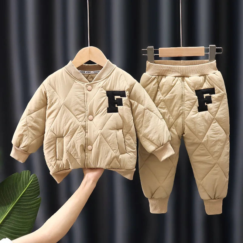 1 2 3 4 5 Years Winter Boys Clothing Sets Alphabet Fashion Warm Coat And Pants 2Pcs Boys Suits Birthday Gifts New Kids Clothes eprolo