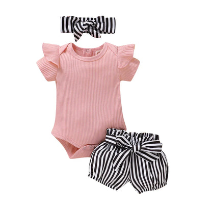 Toddler Infant Baby Girls Stripe Outfits Children Girl Romper Bowknot Shorts Headbands Set Summer Kids Set Baby Kleding Meisje - Shello's Creative Boutique