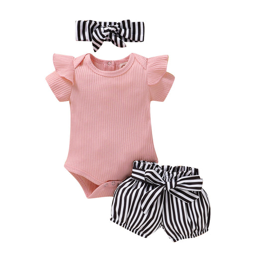 Toddler Infant Baby Girls Stripe Outfits Children Girl Romper Bowknot Shorts Headbands Set Summer Kids Set Baby Kleding Meisje eprolo