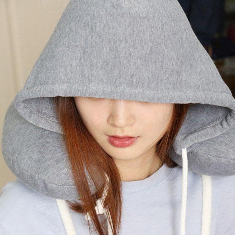 Adults Portable Solid U shaped Pillow Drawstring Microbeads soft Hooded Neck pillow for Trave