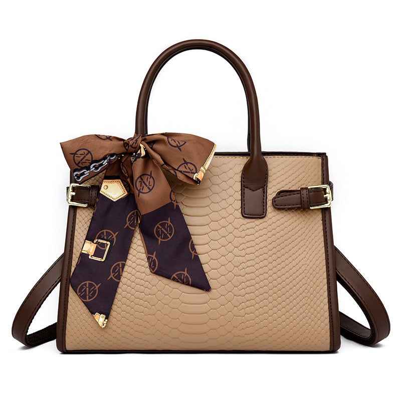 Genuine Leather Women's Briefcase - Commuting Style Bag in Embossed Snakeskin Pattern with Contrasting Color