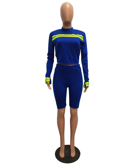Side Stripe Reflective Set Sexy Two Piece Set Tracksuit Women Crop Top and Biker Shorts Club Outfits Neon Matching Sets eprolo