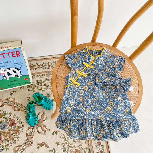 Children's skirt new summer baby girl retro wind disc buckle floral sleeveless cheongsam 0-2 years old baby dress eprolo