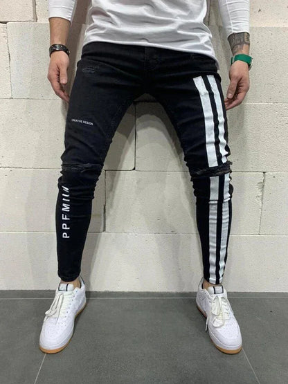 Men's Ripped jeans Badge Letters Hip-hop Skinny Jogging Denim Fashion Pencil Long Trousers Distressed Jeans For Men Clothing - Shello's Creative Boutique