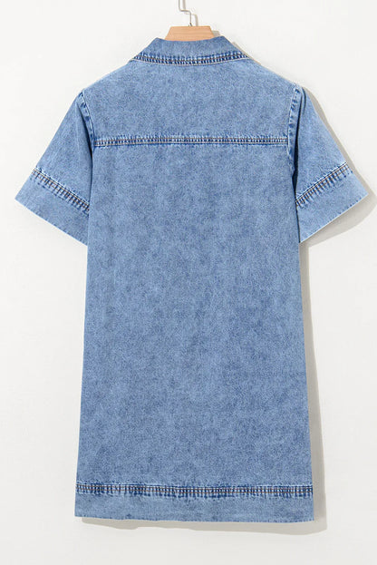 Denim Mini Dress - Women's Short Sleeve Collared Shirt Dress - Shello's Creative Boutique
