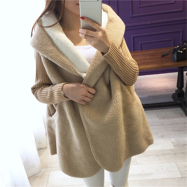 Loose Lamb Wool Cardigan Solid Color Hooded Long Fashion Coat Knitted Sleeve Stitching Warm Jacket eprolo