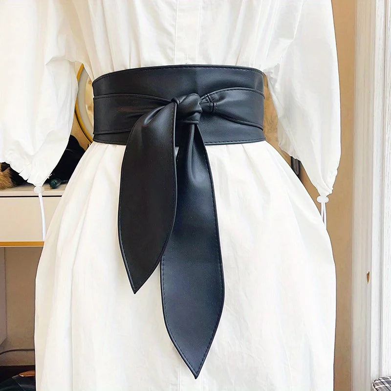 Black Bowknot Obi Belt  Lace Up Tied Knot Corset PU Wide Belts Cinch Waistband Elegant Dress Coat Girdle For Women eprolo