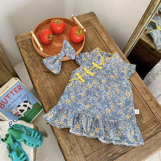Children's skirt new summer baby girl retro wind disc buckle floral sleeveless cheongsam 0-2 years old baby dress - Shello's Creative Boutique