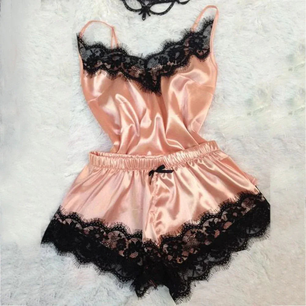 Satin Lace Pyjama Set - Black Cami Top & Shorts - Shello's Creative Boutique