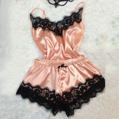 Satin Lace Pyjama Set - Black Cami Top & Shorts - Shello's Creative Boutique