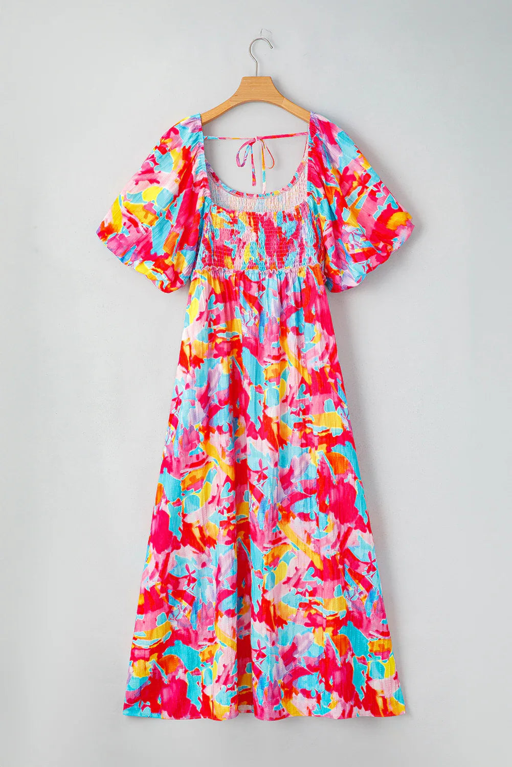 Rose Abstract Print Puff Sleeve Backless Smocked Plus Size Dress - Shello's Creative Boutique