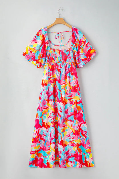Rose Abstract Print Puff Sleeve Backless Smocked Plus Size Dress - Shello's Creative Boutique