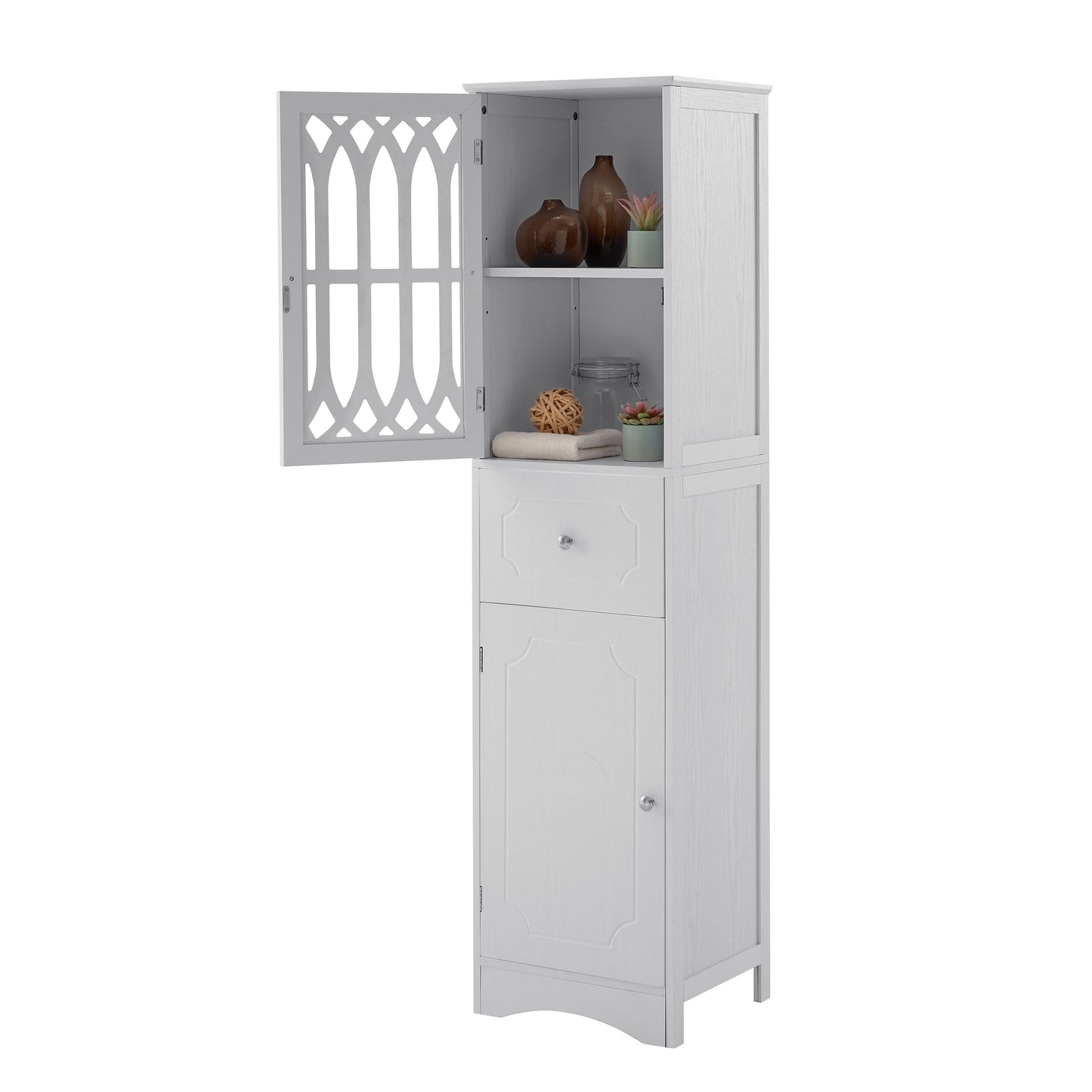 Tall Bathroom Cabinet, Freestanding Storage Cabinet with Drawer and Doors, MDF Board, Acrylic Door, Adjustable Shelf, White eprolo