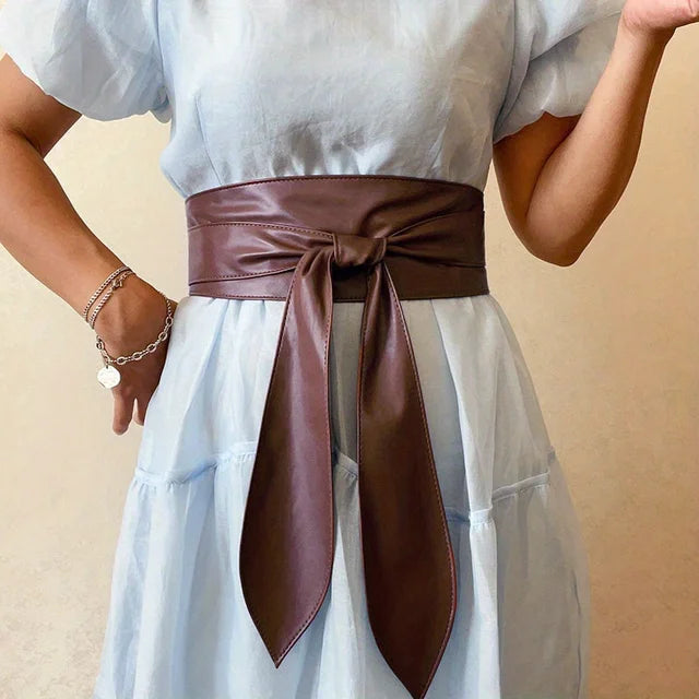 Black Bowknot Obi Belt  Lace Up Tied Knot Corset PU Wide Belts Cinch Waistband Elegant Dress Coat Girdle For Women eprolo