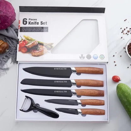 Premium Six-Piece Stainless Steel Kitchen Knife Set – Wooden Handle Edition - Shello's Creative Boutique