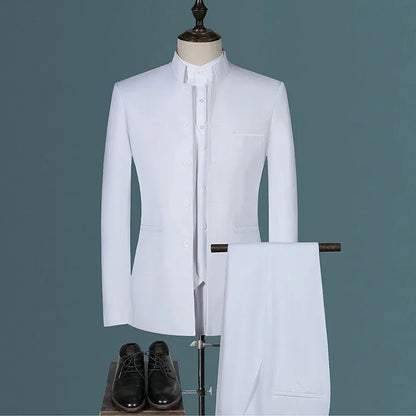 Mens Suits Set (Jacket+Pants+Vest) Stand Collar Chinese Style Slim Fit Suits 3 Piece Wedding Men Clothing - Shello's Creative Boutique