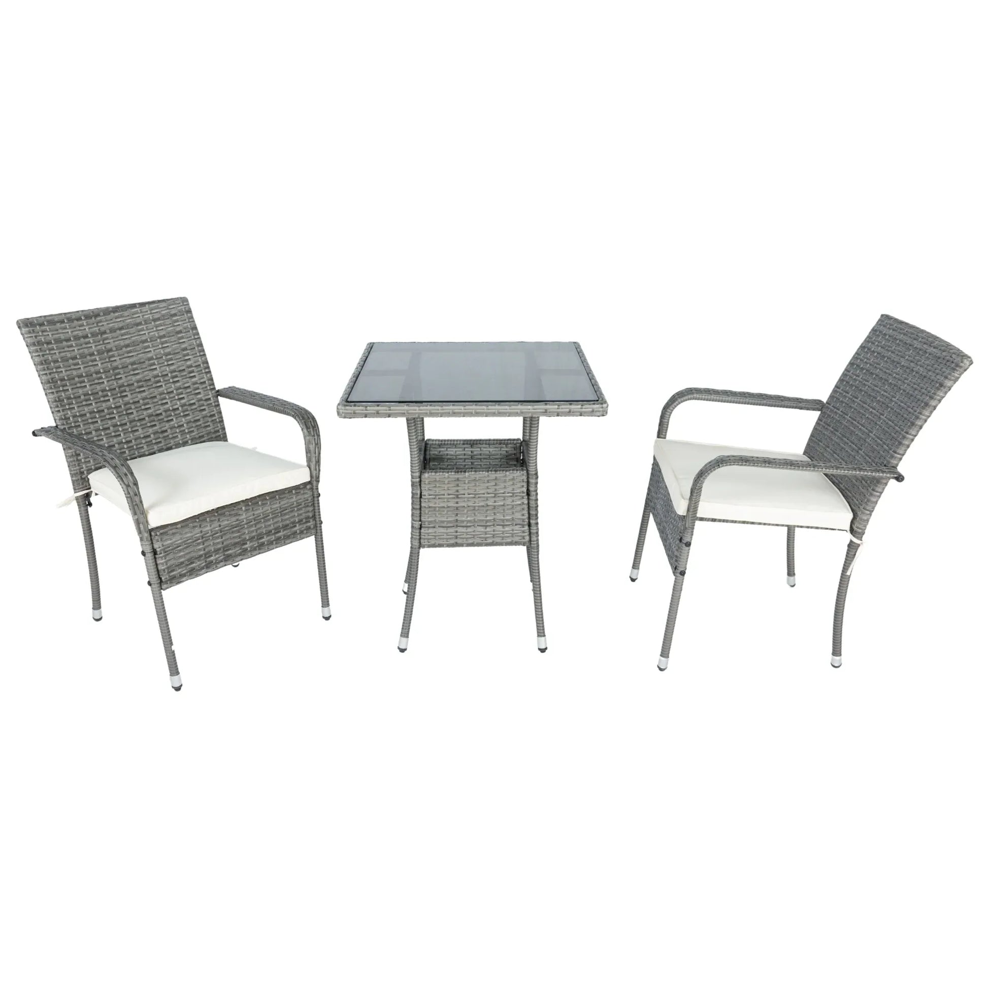 3 Piece Patio Wicker Conversation Set Grey Wicker + white Cushion - Shello's Creative Boutique