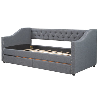 Upholstered Twin Size daybed with Two Drawers Wood Slat Support Gray - Shello's Creative Boutique