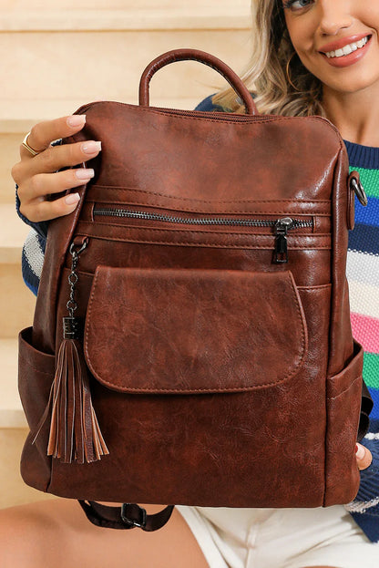 Dark Brown Tassel Retro PU Large Capacity Backpack – Vintage Chic - Shello's Creative Boutique