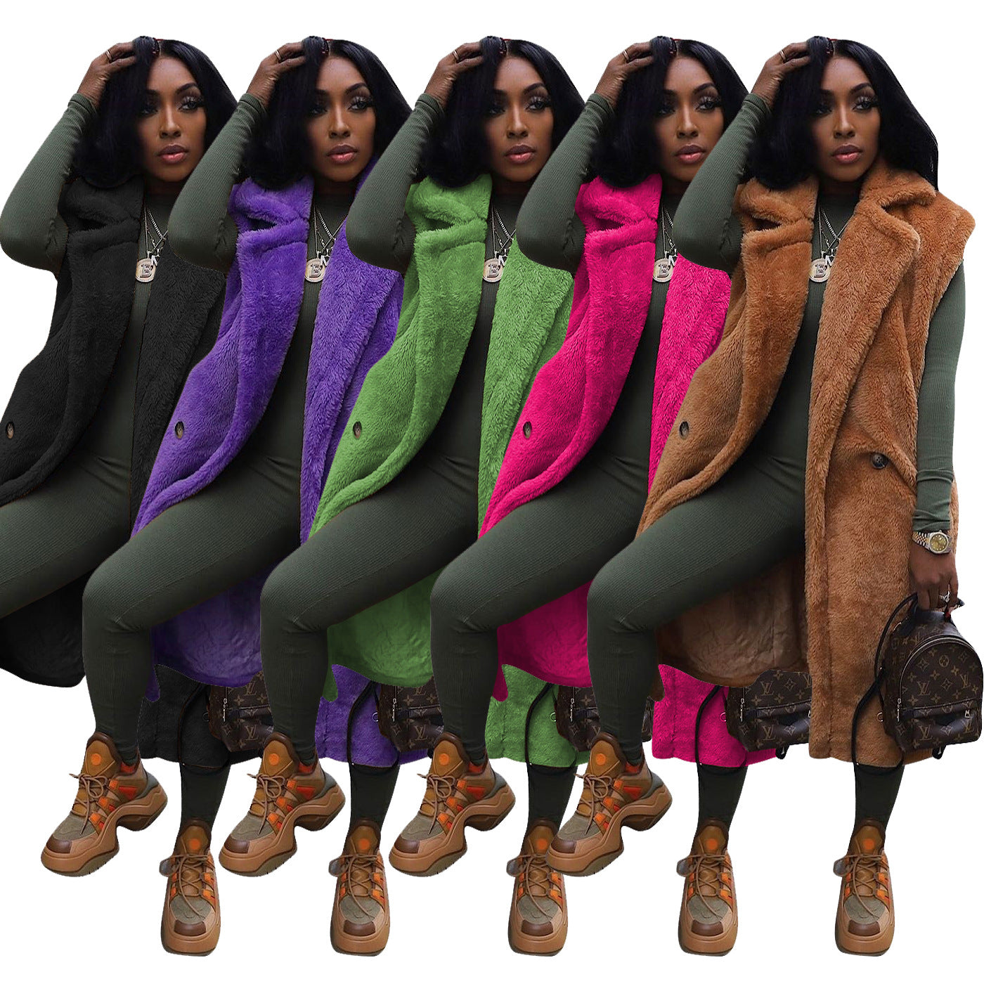 New women's casual solid color plush sleeveless long cardigan jacket eprolo