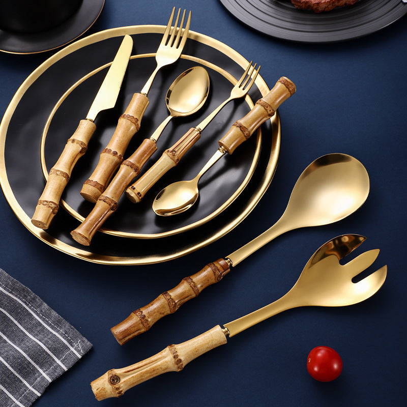 Natural Bamboo Handle Stainless Steel Tableware, Dessert Salad Spoon Fork, Bamboo Joint Handle, Western Food Steak Knife eprolo