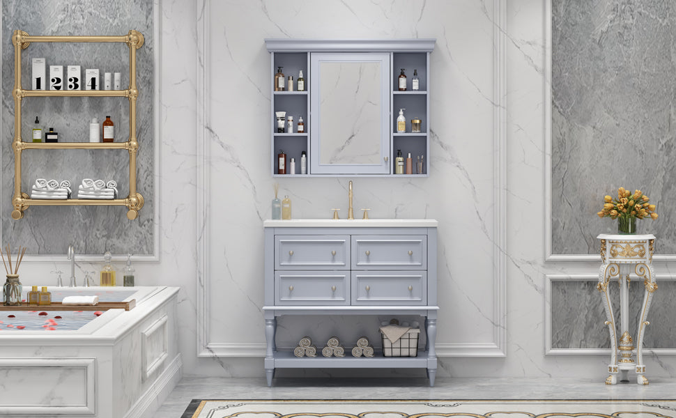 36'' Bathroom Vanity with Medicine Cabinet, Modern Mirror Cabinet with Adjustable Shelf, Bathroom Storage Cabinet with 4 Drawers eprolo